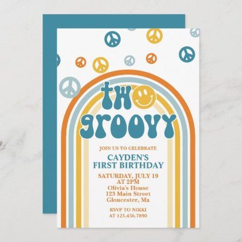 $ 2.98 | Two Groovy Retro Boy 2nd Birthday Invitation #retro, hippie, blue, orange, yellow, rainbow, dude, two groovy, groovy 2nd birthday Two Groovy Boy Birthday, Two Groovy Birthday Party Boy, Groovy 2nd Birthday, 2 Groovy, Boy 2nd Birthday, Sibling Birthday Parties, Hippie Birthday Party, Retro Birthday Parties, 2nd Birthday Party For Boys