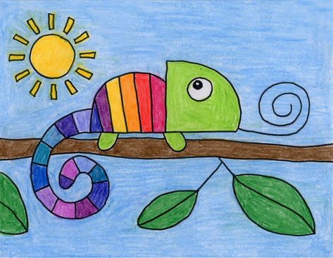 How do you draw a chameleon with all his intricate parts and coloring? If you are just starting out, this simple step by step version might work best. Cameleon Art, Drawing Pictures For Kids, Kindergarten Drawing, Chameleon Art, Drawing Lessons For Kids, Art Projects For Kids, Drawing Activities, Easy Drawings For Kids, Kindergarten Art