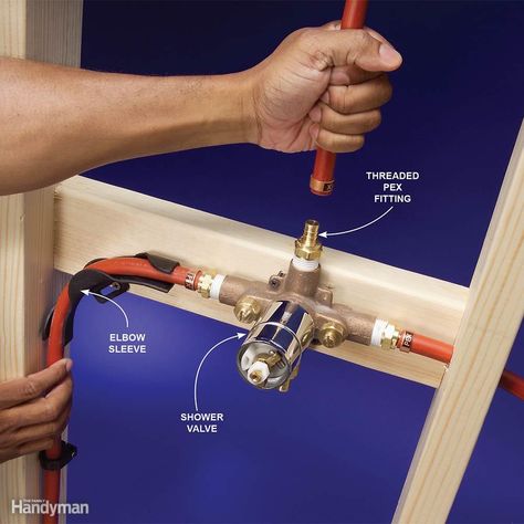 Fittings for a Shower Valve - Use threaded fittings for shower valves. Tighten the fittings before crimping the PEX. A plastic bracket forms the sharpest 90-degree angle permitted for this brand of PEX. House Plumbing, Radiant Heating System, Pex Plumbing, Shower Plumbing, Pex Tubing, Pex Pipe, Plumbing Installation, Diy Plumbing, Plumbing Repair