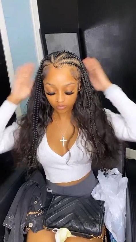 Hairstyle With Braids Straight Hair, Braids Then Curly Hair, Braids With Hair Out In The Back, Braids With Curly Leave Out, Braid With Leave Out, Half Braids Curly Hair, Weave With Braids On Top, Funali Braids With Weave, See In With Braids