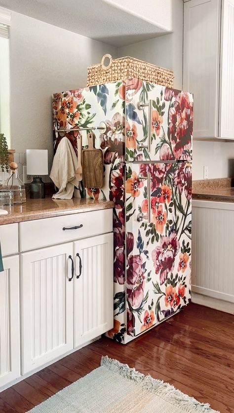 Small Kitchen, Big Impact: A Peel-and-Stick Wallpaper Fridge Makeover Guide - Lolly Jane Covered Fridge Doors, How To Wrap A Refrigerator, Painted Fridge Ideas, Redo Fridge Ideas, Decorated Fridge Aesthetic, Fridge Door Decoration Ideas, Wallpaper Appliances, Contact Paper Mini Fridge, Diy Fridge Wrap