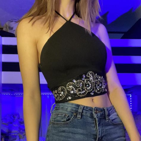 y2k beaded up-cycled halter top☆ ➛ tie up back and... - Depop Silver Crop Top, Skirt Leather, Message Me, Sweater Skirt, Sweatshirt Shirt, Halter Top, Casual Skirts, Jean Shirts, Dress With Sneakers