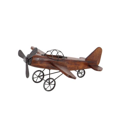 "Brown Wood Vintage Sculpture Airplane Be reminded of the early days of flight with this vintage style brown wood airplane sculpture in your classics inspired home. This fir wood constructed sculpture features an old propeller aircraft design in brown finish. The fuselage is crafted from the strong fir wood while the pilot roll cage, propeller, and wheel sets are made from iron. The overall aesthetic of this sculpture is distressed in nature, perfect for adding that vintage vibe in your home whe Vintage Plane Nursery, Airplane Sculpture, Plane Nursery, Wood Airplane, Airplane Nursery, Airplane Decor, Miniature Display, Toy Plane, Vintage Sculpture