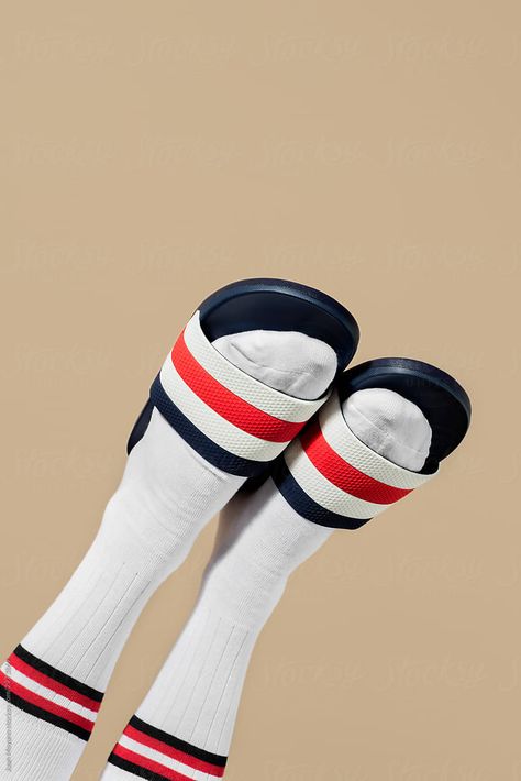 socks and sandals  by Juan Moyano  - Summer, Summertime - Stocksy United Socks Product Photography, Sock Branding, Sock Photography, Socks Photoshoot, Socks Photography, Socks Sandals, Sock Display, Moodboard Inspo, Lifestyle Shoot