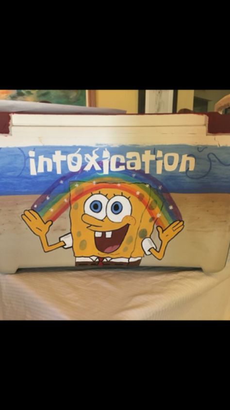 Spongebob Intoxication Pong Table, Intoxication Spongebob Beer Pong Table, Spongebob Frat Cooler, Jug Painting Ideas Hayride, Spongebob Intoxication, Intoxication Spongebob, Chug Jug Ideas College, Brozarks Cooler Ideas, Hayride Jugs Ideas