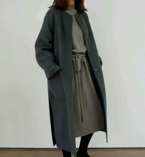 Collarless Coat Outfit, Collarless Coat, Cardigan Blazer, Gray Coat, Coat Outfit, Mode Casual, 가을 패션, Winter Fashion Outfits, Coat Fashion