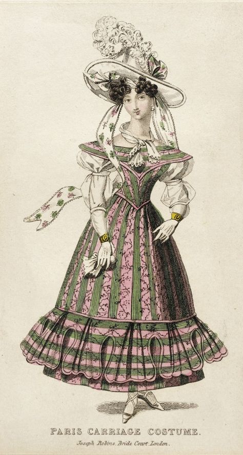 1830, England - Fashion Plate by Joseph Robins - Paris Carriage Costume 1837 Fashion Plate, 1830 Fashion, 1840 Fashion, Romanticism Fashion, Promenade Dress, Opera Dress, 1820s Fashion, 1830s Fashion, Walking Dress