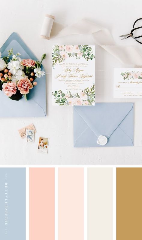 Wedding Theme Floral, Gold Pink Blue Wedding, Dream Theme Wedding, Peonies Color Palette, Wedding Invitations Pastel Colours, Pastel Color Theme Wedding, Pastel Invitation Wedding, Blue Garden Wedding Theme, Light Blue Color Palette Wedding