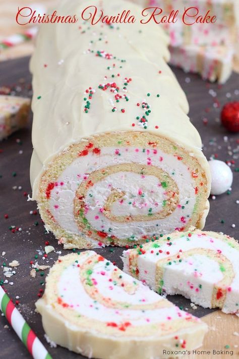 Christmas Vanilla Roll Cake | Roxana’s Home Baking Vanilla Cake Roll Recipe, Vanilla Roll Cake Recipe, Christmas Vanilla Cake, Christmas Vanilla Roll Cake, Vanilla Cake Roll, Vanilla Roll Cake, Roll Cake Recipe Vanilla, Christmas Cake Roll, Roll Cake Recipe