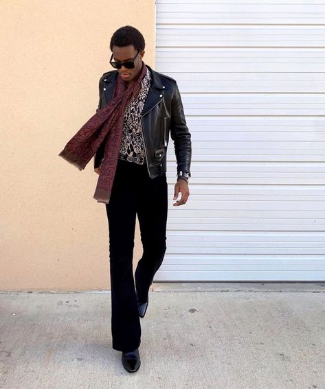 Western Rockstar Aesthetic, 70s Black Male Fashion, Black Flare Pants Outfit Men, Biker Jacket Outfit Men Street Styles, 70s Male Fashion Rock, 70s Rock Style Men, Male Rockstar Outfit, Glam Rock Style Men, Mens Clubbing Outfits