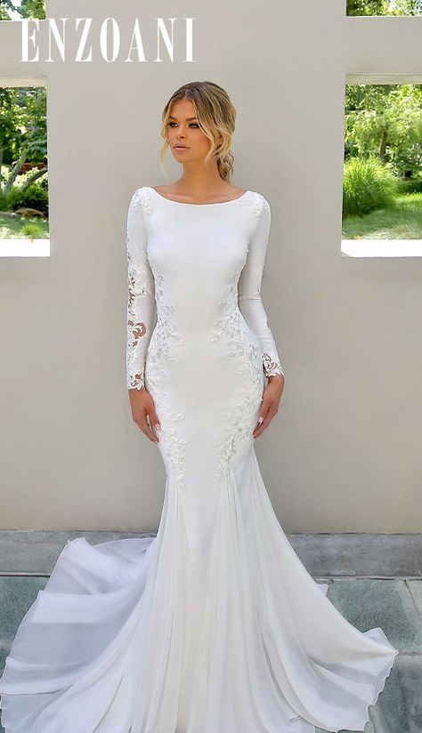 Plain Wedding Gown With Sleeves, Simple Long Sleeve Winter Wedding Dress, Satin Wedding Dress Lace Sleeves, Mermaid Wedding Dress With Sleeves Modest, Long Sleeve Mermaid Wedding Dress Modest, Simple Mermaid Wedding Dress With Sleeves, Satin Mermaid Wedding Dress With Sleeves, Sleek Long Sleeve Wedding Dress, Simple Elegant Wedding Dress With Sleeves