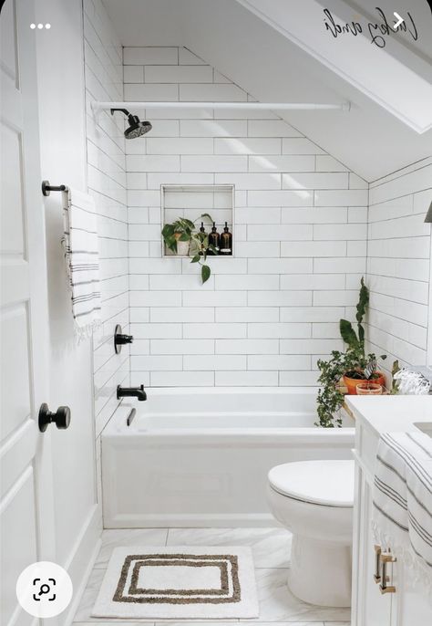 Attic Bathroom Sloped Ceiling, Bathroom Sloped Ceiling, Attic Bonus Room Ideas, Long Subway Tile, Slanted Ceiling Ideas, Tiny Attic Bathroom, Slanted Ceiling Bathroom, Sloped Ceiling Bathroom, Attic Bathroom Ideas