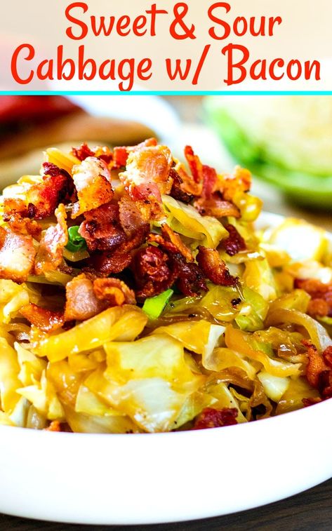 Sweet and Sour Cabbage with Bacon Fried Cabbage With Bacon, Quick Easy Side Dishes, Cabbage With Bacon, Fried Cabbage Recipes, Sweet And Sour Cabbage, Southern Fried Cabbage, Sour Cabbage, Bacon Fried Cabbage, Cabbage Recipe