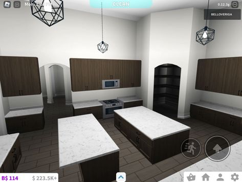 bloxburg small house layouts Suburban Kitchen Bloxburg, Big Bloxburg Kitchen, Bloxburg Living Room Ideas Black People, House Layouts 2 Story Mansion, Modern House Layouts 2 Story, 2 Story Mansion, Bloxburg Small House Layouts, Bloxburg Small House, Modern Mansion Bloxburg