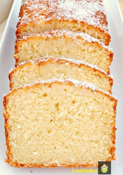 Moist Coconut Pound Loaf Cake. Light, soft, and oh sooooo delicious! | Lovefoodies.com Coconut Pound Cake Recipe, Pound Loaf Cake, Coconut Pound Cake, Coconut Pound Cakes, Cake Light, Loaf Cake Recipes, Pound Cake Recipe, Kolaci I Torte, Loaf Cake