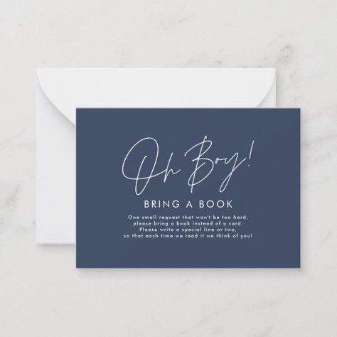 oh boy script navy blue baby shower bring a book  note card Baby Shower Bring A Book, Blue Baby Shower, Blue Baby, Note Card, Shower Invitations, Baby Shower Invitations, Note Cards, A Book, Baby Shower