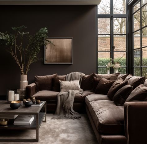 brown interior trend 2024 Dark Chocolate Interior Design, Coloured Sofas Living Rooms, Dark Wall Interior, Espresso Decor Ideas, Brown Couch Interior Design, Brown And Black Decor Living Room, Urban Bronze Accent Wall Living Room, Mixing Grey And Brown Furniture, Brown And Neutral Living Room