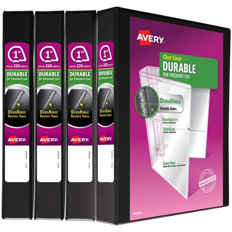 Avery Durable View Binder, 1" Slant Rings, 220-Sheet Capacity, DuraHinge, Black, Multi Pack of 4 (17011) - 5737 ** Details can be found by clicking on the image. (This is an affiliate link) 1 Inch Binder, Binder Templates, Back Cover Design, Binder Accessories, Binding Supplies, Ring Binders, Rings Black, Recipe Binders, Recipe Binder