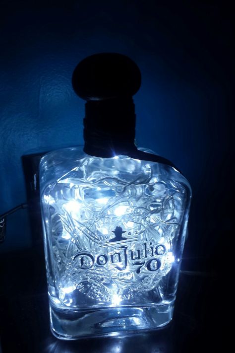 Don Julio 70 Party Ideas, Don Julio Party Decor, Don Julio Themed Birthday Party, Don Julio 70 Bottle Decorated, Decorated Liquor Bottles, Tequila Party, 21 Bday, Bottle Chandelier, Cute Couple Gifts