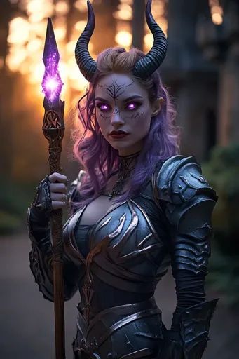 ↑↑↑ Larger size on website 🔸 A woman with horns, purple hair and glowing purple eyes stares intensely at the camera. She is dress Glowing Purple Eyes, Horned Woman, Woman With Horns, Purple Eyes, Bright Purple, Eye Art, Dark Forest, Character Portraits, Purple Hair