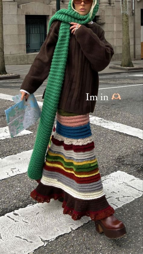 Shin Length Skirt Outfit, Nadia Alexeev, Fashion Inspo Outfits Winter 2023, Fluffy Crochet Projects, Crochet 2024 Trends, Crochet Hippie Clothes, Crochet Winter Dress, Crochet Skirt Long, Rain Fits