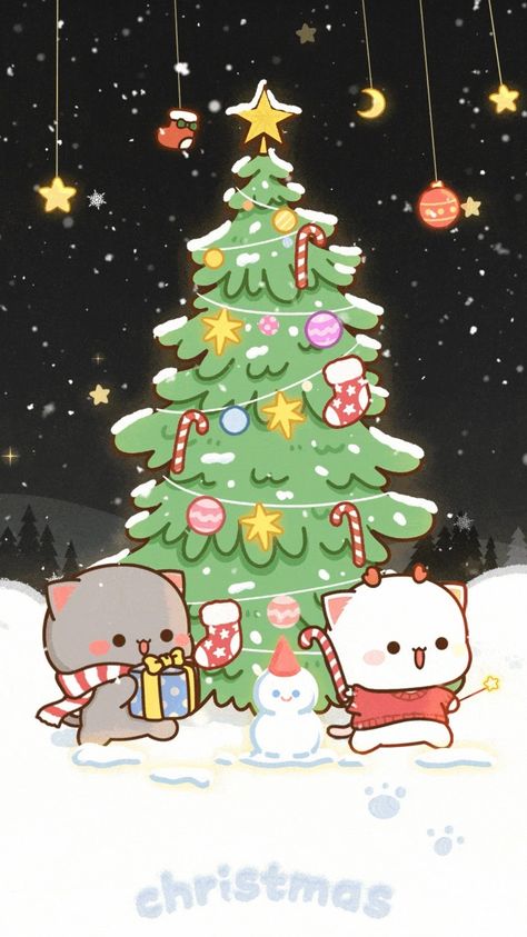 Ghibli Christmas Wallpaper, Anime Christmas Wallpaper Aesthetic, Kawaii Cats Wallpaper, Peach And Goma Wallpaper, Christmas Ghost Wallpaper, Christmas Kawaii Wallpaper, Matching Christmas Wallpaper, Kawaii Christmas Drawings, Christmas Wallpaper Gif