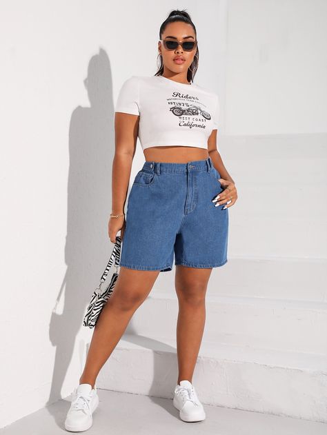 Medium Wash  Collar  Denim Plain Bermuda Embellished Non-Stretch  Women Plus Clothing Long Jean Shorts Outfit, Plus Size Denim Shorts, Long Jean Shorts, Jean Short Outfits, High Waist Denim Shorts, Plus Size Denim, Causal Outfits, High Waist Denim, Shorts Outfit