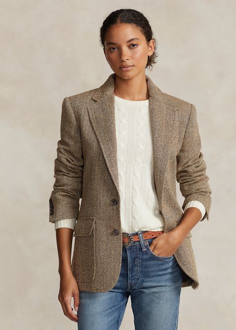 Herringbone Linen-Blend Blazer for Women | Ralph Lauren® UK Women’s Ralph Lauren, Ralph Lauren Inspired Outfits, Tweed Blazer Outfit Women, Ralph Lauren Style Women, Polo Ralph Lauren Women Outfits, Casual Corporate, Kids Blazers, Tailoring Details, Church Clothes