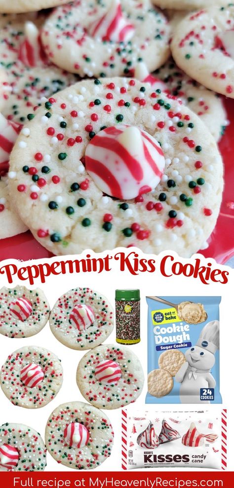 Peppermint Kiss Cookies Recipe- peppermint kiss blossoms, sugar cookies fun christmas colors. Cookie exchange idea. Easy and tasty! 3 ingredient christmas cookies. Xmas holiday treats. Peppermint Kiss Cookies, Holiday Dessert Drinks, Kiss Cookies Recipe, Kiss Cookie Recipe, Peppermint Sugar Cookies, Raw Cookie Dough, Easy Christmas Treats, Kiss Cookies, Peppermint Christmas