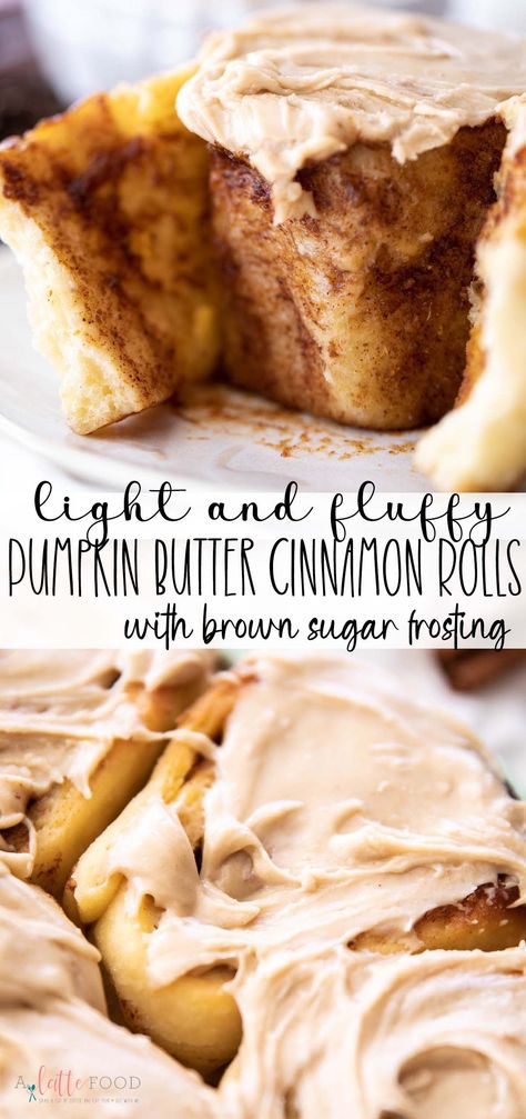 These Soft Pumpkin Butter Cinnamon Rolls are made with instant yeast, pumpkin pecan butter, and a brown sugar frosting. They’re soft and fluffy, gooey in the center, and the perfect pumpkin cinnamon roll for fall! Carmel Pumpkin Cinnamon Rolls, Pumpkin Butter Rolls, Pumpkin Spiced Cinnamon Rolls, Fall Recipes Baked Goods, Pumpkin Butter Dessert Recipes, Pumpkin Coconut Dessert, Things To Do With Pumpkin Butter, Pumpkin Butter Cinnamon Roll Bread, Pumpkin Butter Recipes Desserts