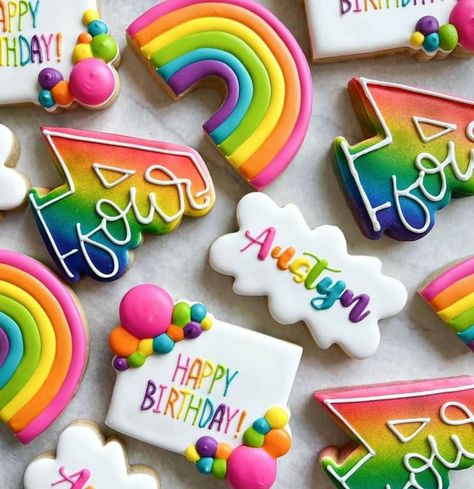 Rainbow Birthday Party Cookies, Trolls Royal Icing Cookies, Rainbow Party Cookies, Rainbow High Cookies, Fun Decorated Cookies, Trolls Cookies Decorated, Rainbow Decorated Cookies, Rainbow Cookies Decorated, Rainbow Birthday Cookies