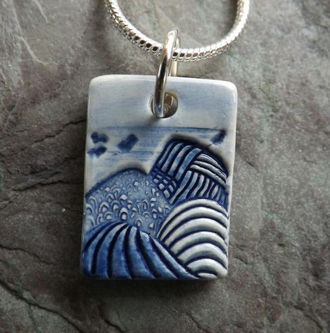 Tiny ceramic Mountains pendant in blue and white - Folksy Tiny Landscape, Ceramic Bead Jewelry, Handmade Ceramic Jewelry, West Wales, Cerámica Ideas, Pottery Handbuilding, Keramik Design, Landscape Designs, Dainty Pendant