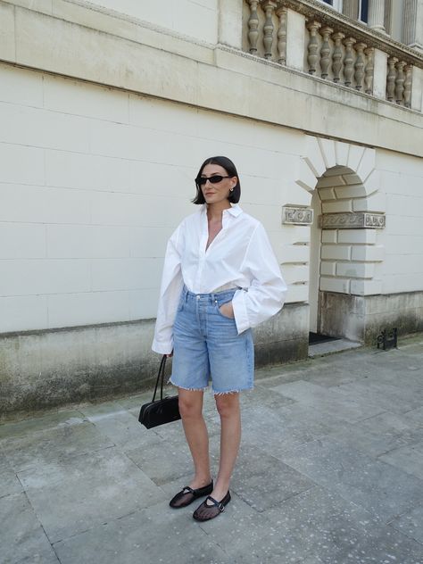 Ayla denim shorts curated on LTK Tita Fits, Long Denim Shorts Outfit, Bday Picnic, White Flowy Shirt, Long Denim Shorts, Denim Shorts Outfit, Wardrobe Goals, Winter Inspiration, Shop Aesthetic