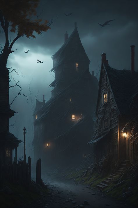 Village house in medieval ages Haunted Village Art, Medieval Slums, Gothic Village, Pirate Village, Witch Village, Medieval Horror, Gothic Setting, Spooky Houses, Haunted Village