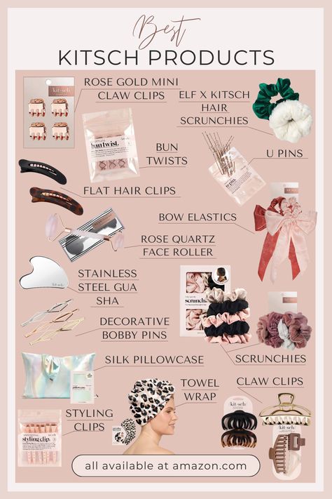 This is a fairly detailed list of my favorite Kitsch beauty, makeup, and hair products. I regularly use the claw clips and scrunchies - they are unique without being crazy and I like that. I also LOVE the hair towel, I always use this to dry my hair and it is great! I like U Pins more than typical bobby pins, I think because my hair is a bit thick. Affiliate Disclaimer: As an Amazon Associate I earn from qualifying purchases, at no extra cost to you. Do NOT wear claw clips in car - is dangerous! I Like U, Amazon Hair, Face Roller, Towel Wrap, Flat Hair, Claw Hair Clips, Hair Towel, Makeup And Hair, The Claw