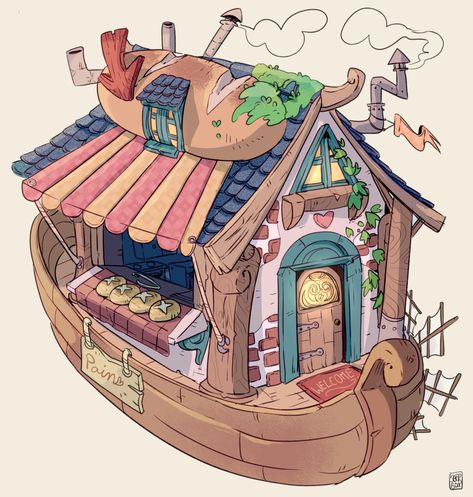 Bakery Concept Art, Fantasy House Concept, Friends Ideas, Boat Drawing, Town Ideas, Props Concept, Bg Design, Draw Ideas, Isometric Art