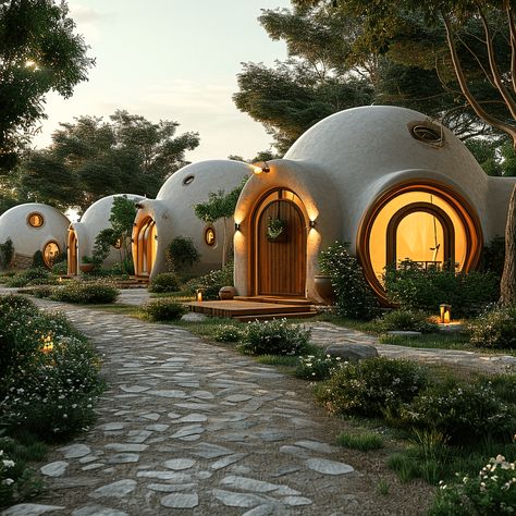 Baktash Tourist Complex by Baktash Bani|Visualization Dwarvish Architecture, Multiple Homes On One Property, Round Tiny House, Aircrete Dome Home, Aircrete Homes, Huts Design, Clay Homes, Earthship Design, Cloud Clay