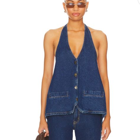 New Without Tags! Size Xs Button Down Open Back Tie Neck And Waist Halter Tops Outfit, Denim Halter Top, Model Off Duty, Denim Tank Top, Adventure Outfit, Models Off Duty, Revolve Clothing, Street Style Outfit, Dark Denim