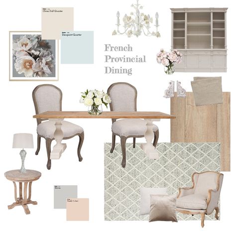 French Provincial Dining Room 1 Hamptons French Provincial Living Rooms, French Provincial Decor Dining, French Country Mood Board, Country Mood Board, French House Aesthetic, Provincial Dining Room, French Provincial Interior Design, French Provincial Living Room, French Provincial Dining Room