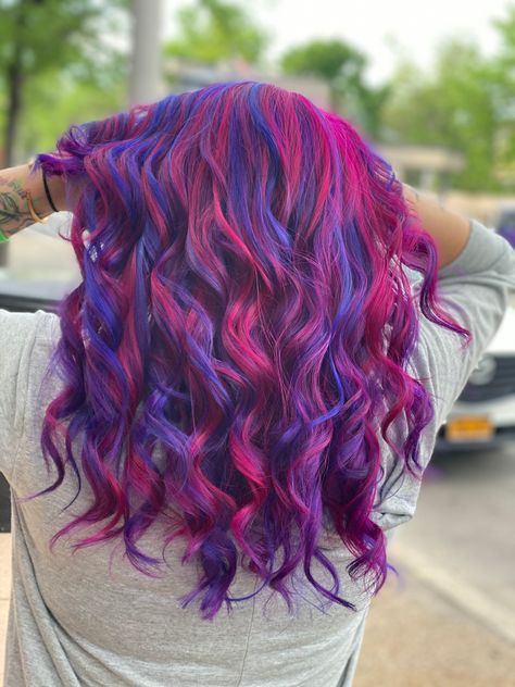 Joico #intensity #saloncoronado #beauty_aileen Vivid Hair With Shadow Root, Red Purple Blue Hair, Pink Blue And Purple Hair, Crazy Color Hair Ideas, Purple Rainbow Hair, Crazy Hair Color Ideas, Purple And Red Hair, Red And Purple Hair, Rainbow Hair Color Ideas