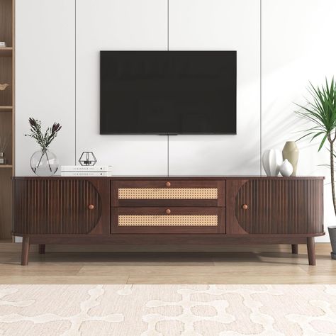 BTM TV Stand Cabinet, TV Cabinet with Doors and Drawers, TV Unit with Faux Rattan, Natural Walnut Color Mixed, 170x40x46cm Farmhouse Media Console, Curved Tv Stand, Rattan Tv Stand, Tv Cabinets With Doors, North Ireland, Modern Media Console, Tv Stand Cabinet, Wooden Construction, Organized Storage