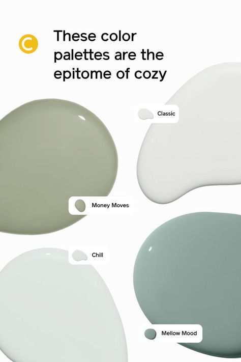 Transform your space into a cozy haven with this serene color palette 🤍 Featuring: Classic (dove gray beige paint color), Money Moves (sage green paint color), Chill (light greenish gray paint color), and Mellow Mood (green gray paint color). Perfect for minimalist interiors, calming bedrooms, or a refreshing home update! #ColorTrends #CozyVibes #InteriorInspiration #SereneSpaces Jojoba Behr Paint Bedroom, Clare Paint Chill, Good Wall Colors, Sage Paint Color Bedroom, Sage Gray Paint, Greenish Gray Paint Colors, Clary Sage Color Palette, Gray Beige Paint, Grey Green Paint Color