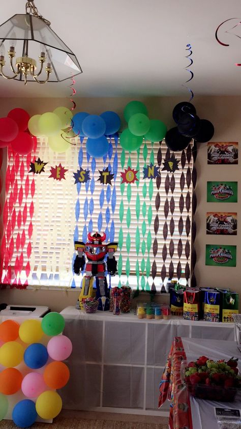 Balloons & streamers Power Ranger Backdrop, Power Rangers Birthday Party Decorations, Power Rangers Birthday Decorations, Power Ranger Birthday Games, Power Rangers Backdrop, Dino Power Rangers Birthday Party Ideas, Pink Power Ranger Birthday Party, Power Ranger Dino Fury Birthday Party, Power Rangers Dino Fury Birthday Party Ideas