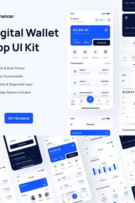 Financer - Financial & Digital Wallet App UI Kit Digital Wallet Ui, Financial App Design, Financial App Ui Design, Fintech App Ui Design, Finance App Ui Design, Mobile Payment Ui, Fundraising Design, Fintech App, Financial Apps