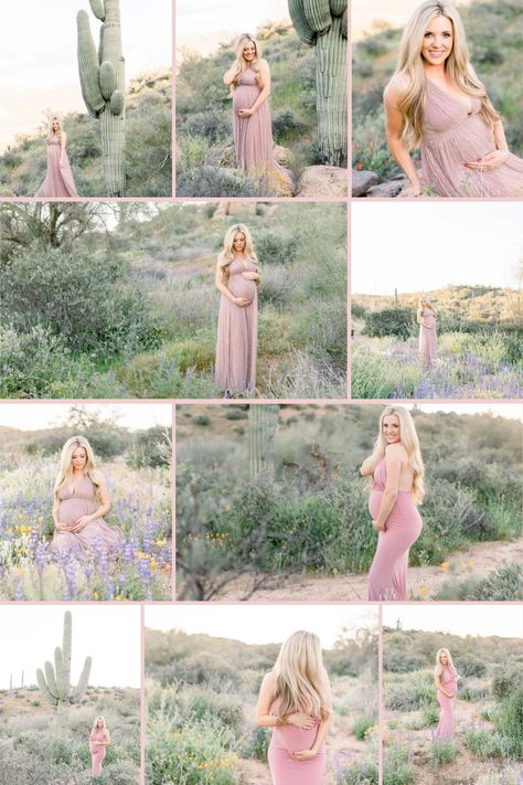 Maternity Pictures Desert, Single Mom Maternity Pictures, Poses With Mom, Desert Maternity Shoot, Maternity Photography Outfits, Maternity Photography Dress, Desert Wildflowers, 28 Weeks Pregnant, Beautiful Maternity Dresses