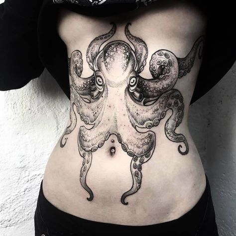 Alex Tabuns, Tentacle Tattoo, Kraken Tattoo, Octopus Tattoo Design, Octopus Tattoos, Octopus Tattoo, Stomach Tattoos, Sternum Tattoo, Tattoo Parlors