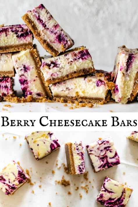 Cheesecake swirled with berries and cut into bars, stacked in a pile. Mixed Berry Cheesecake Bars, Cheesecake Recipes Berry, Fresh Berry Dessert Recipes, Cheesecake Cookie Bars Recipes, Elderberry Cheesecake, Berry Cheesecake Bars, Cheesecake Bars Recipes, Mixed Berry Cheesecake, Berry Cheesecake Recipes