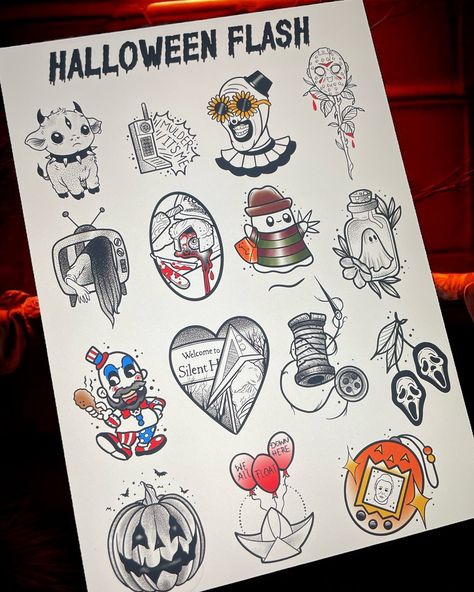 *Full* *Full* *Full* *Full* *Full* *Full* *Full* *Full* *Full* 🎃 Halloween Flash Day - Thursday 31st October 🎃 Here’s Amy’s sheet! All designs are £40 or you can have 2 for £60. Message us to book 👻🧟‍♂️ Horror Flash Sheet, Horror Flash Tattoo Sheet, Hellraiser Tattoo, Halloween Flash Sheet, Horror Flash, Halloween Flash, Flash Sheet, Tattoo Flash Sheet, Leg Sleeve