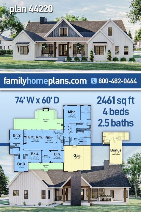 Farmhouse Style House Plans, Farmhouse House, Family House Plans, 2 Car Garage, House Plans Farmhouse, Modern Farmhouse Plans, House Blueprints, 4 Bedroom House, Bedroom House Plans