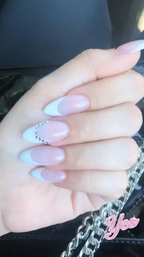 #nails #nailinspo #nailinspiration #pinknails #fakenails #gelnails #acrylicnails #gelextentions #nailart #nailtrends #trendynails #manicures #frenchtips #frenchmanicures #crystalnails White French Tip Nails With Rhinestones, French Tip Nails With Rhinestones, French Tips Almond, Almond French Tips, White French Tip Nails, Nails With Rhinestones, White French Tip, French Nail, Tip Nails